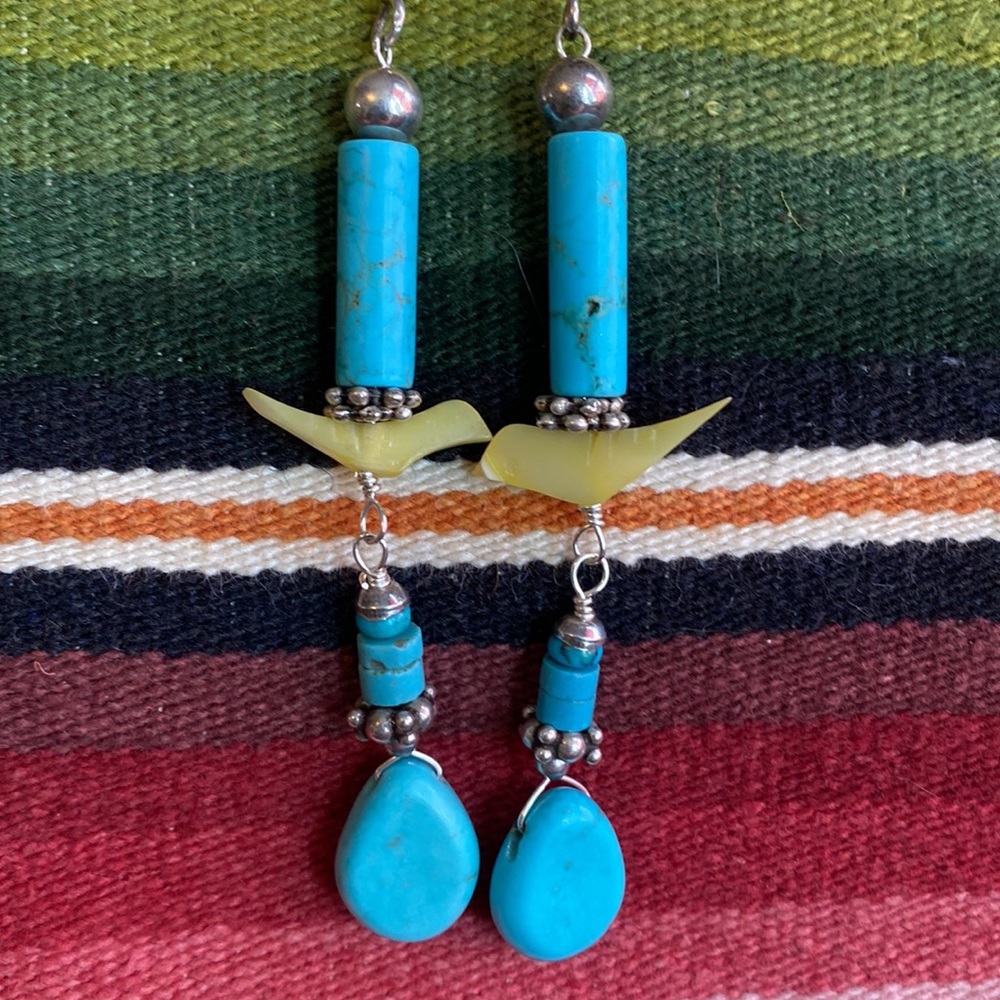 Turquoise Carved MOP Fetish Bird 925 Earrings, 3”